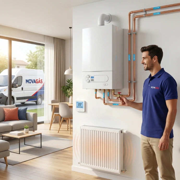 Técnico de MovaGás comprobando el correcto funcionamiento de una caldeara tras realizar su instalación en Madrid y Extremadura