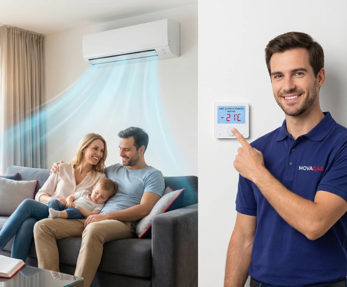 Técnico de MovaGás mostrando el correcto funcionamiento de un aire acondicionado tras su instalación en Madrid y Extremadura