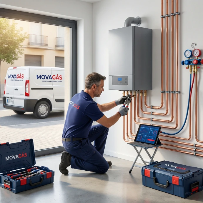 Técnico de MovaGás instalando una caldeara en Madrid y Extremadura
