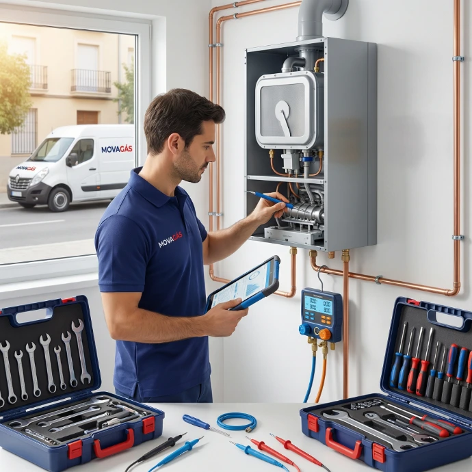 Técnico de MovaGás realizando el mantenimiento periódico de una caldeara en Madrid y Extremadura