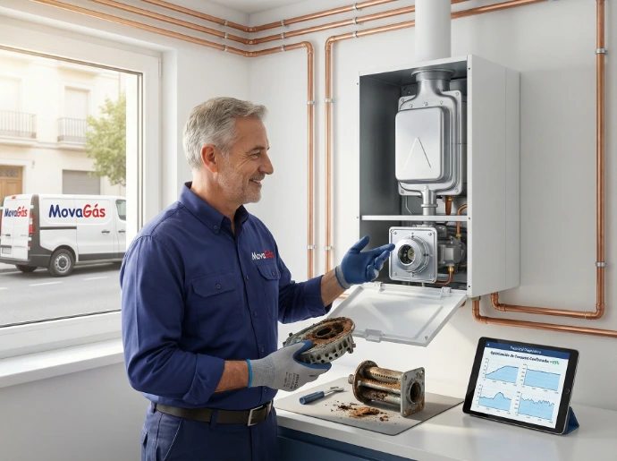 Técnico de MovaGás reparando una caldeara en Madrid y Extremadura
