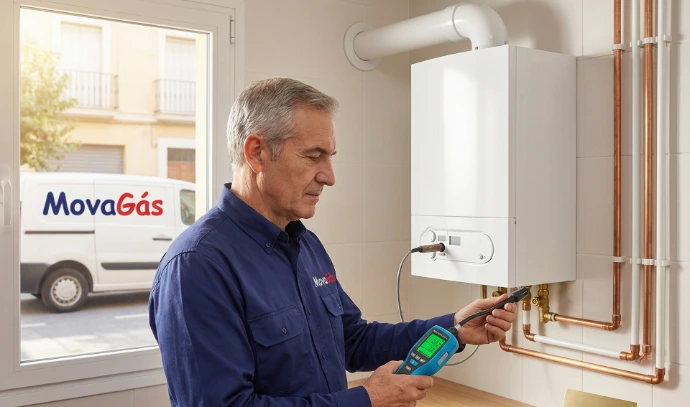 Técnico de MovaGás comprobando el correcto funcionamiento de una caldeara en Madrid y Extremadura