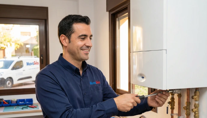 Técnico de MovaGás comprobando el correcto funcionamiento de una caldeara en Madrid y Extremadura